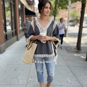 Ya Los Angeles Gray Crochet-Trim Poncho Top